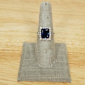 Sterling Silver CZ Ring Sapphire Blue Color Emerald Cut Stone Size 7